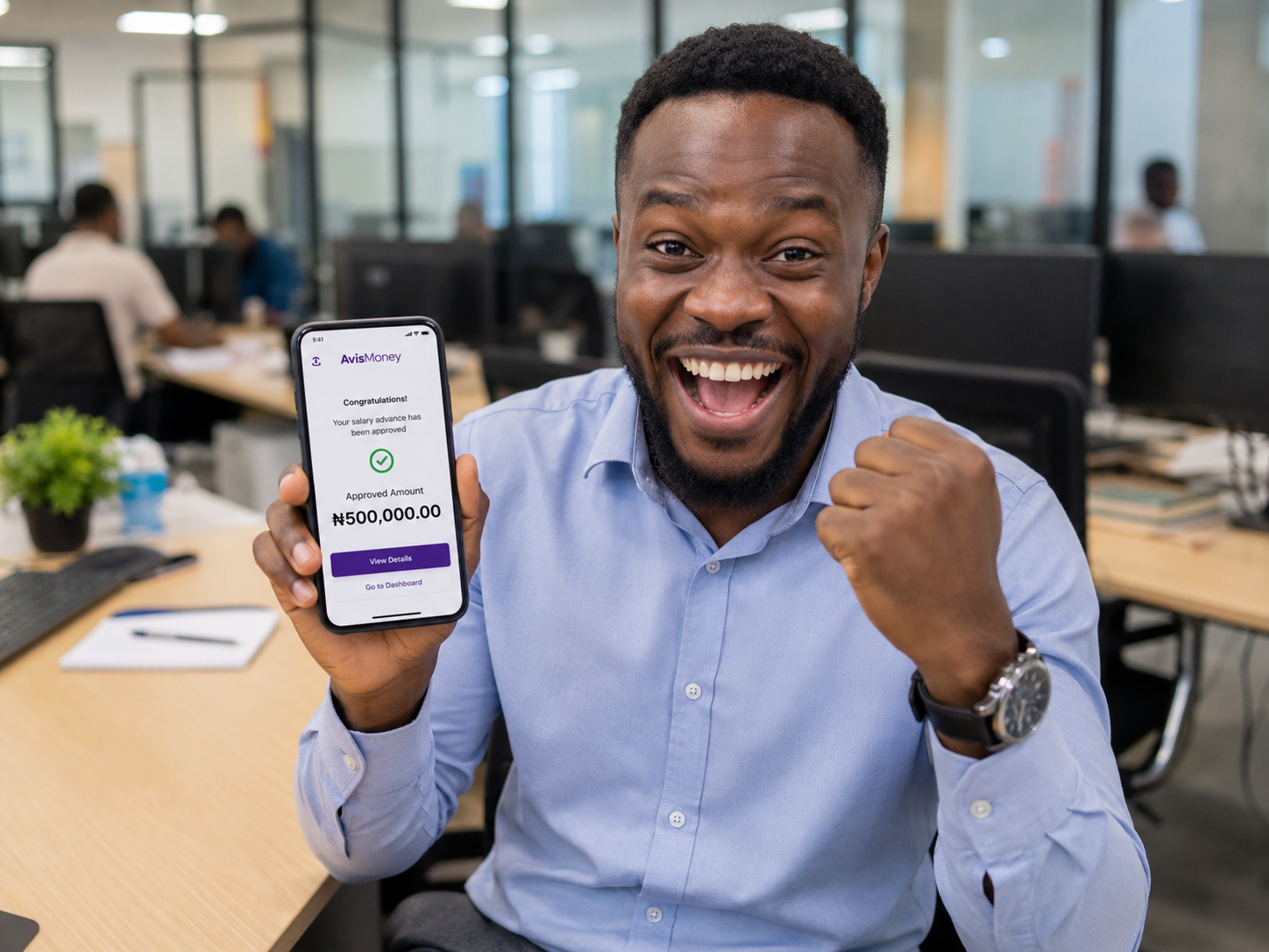 Man celebrating an approved AvisMoney salary advance